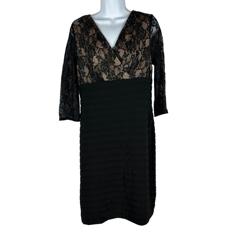 Simply Liliana Black Lace & Nude Mesh Dress Plunge Neck 3/4 Sleeve Size 10